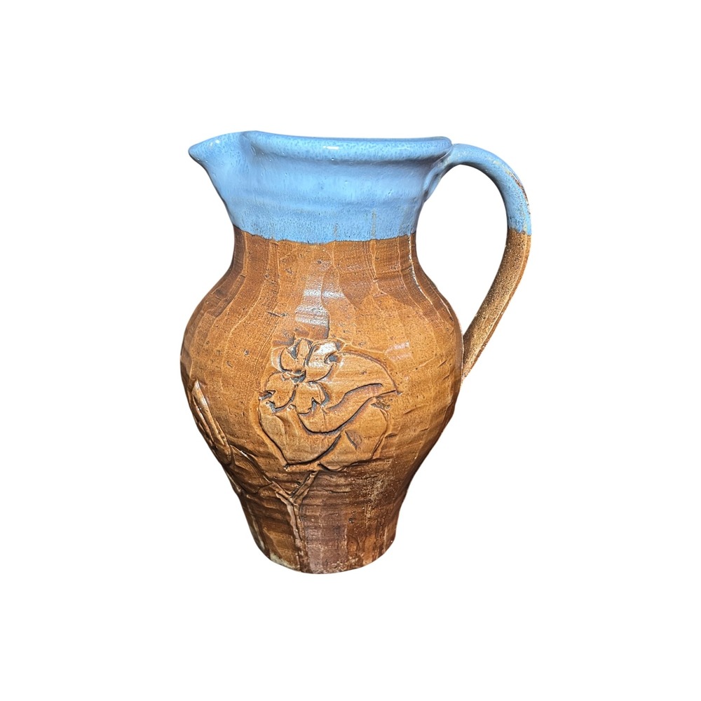 Ken Poole 1990 Rockhouse Pitcher Blue‎ glaze Floral Embossed Signed Art Pottery